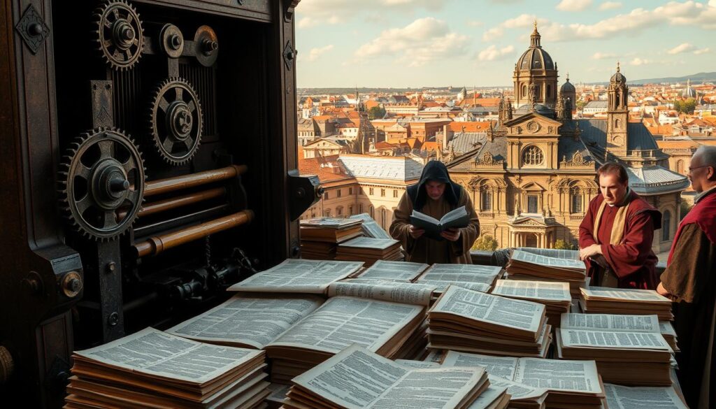 Printing press reformation impact: A large, ornate printing press dominates the foreground, its intricate gears and mechanisms casting dramatic shadows. In the middle ground, scholarly figures in Renaissance-era robes pore over piles of freshly printed texts, their expressions intense as they debate new theological ideas. In the background, a cityscape of cathedrals and noble residences is bathed in warm, golden light, suggesting the profound societal changes brought about by the rapid dissemination of information. The scene conveys a sense of intellectual ferment and cultural transformation, capturing the pivotal role of the printing press in the Protestant Reformation.