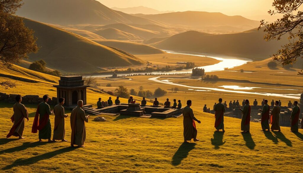 Prompt A serene scene of ancient Indus Valley rituals unfolding within a verdant landscape. In the foreground, a group of robed figures engage in a ceremonial dance, their movements graceful and measured. The middle ground reveals stone structures and altars, casting long shadows under the warm, golden light of a setting sun. In the distance, rolling hills and a tranquil river create a picturesque backdrop, evoking a sense of timelessness and connection to the natural world. The overall atmosphere is one of reverence, spirituality, and the enduring traditions of this ancient civilization.