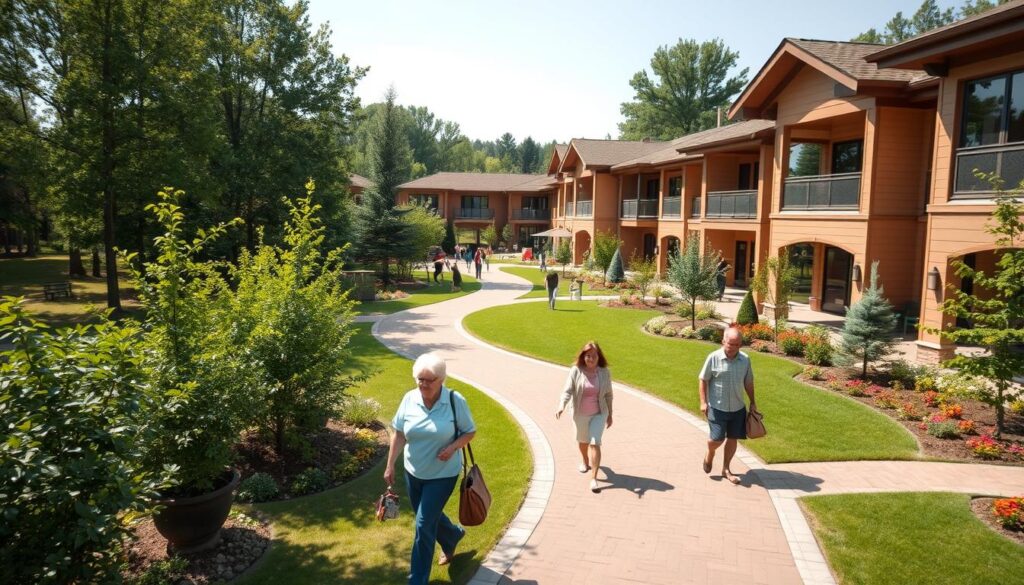 Serene independent living community nestled in lush, verdant surroundings. Beautifully designed two-story buildings with warm, earthy tones and large windows overlooking well-manicured gardens. Residents strolling on meandering pathways, enjoying the sunshine and tranquil atmosphere. Ample amenities within the community, including a cozy clubhouse, fitness center, and social gathering spaces. Soft, diffused lighting creates a welcoming and relaxed ambiance. Captured through a wide-angle lens to showcase the harmonious integration of architecture and nature.