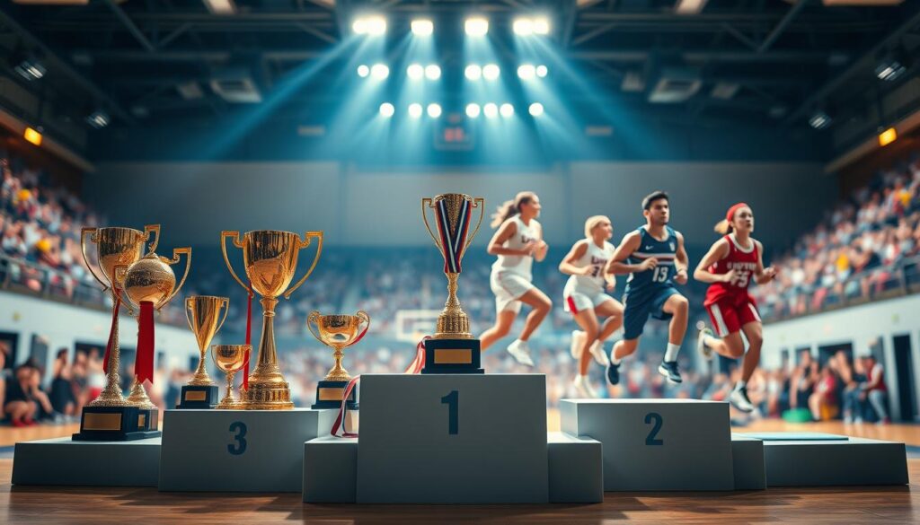 Varsity sports achievements depicted in a dynamic and vibrant scene. The foreground showcases various trophies, medals, and ribbons proudly displayed on a sleek, modern podium. The middle ground features athletes in motion, captured in mid-stride or mid-jump, their uniforms and equipment meticulously rendered. The background is a blurred, out-of-focus gymnasium, with the sound of cheering crowds and the glow of bright spotlights creating an atmosphere of excitement and accomplishment. The lighting is a combination of warm, natural tones and cool, theatrical spotlights, casting dramatic shadows and highlights on the scene. The overall mood is one of celebration, pride, and the thrill of competitive success.