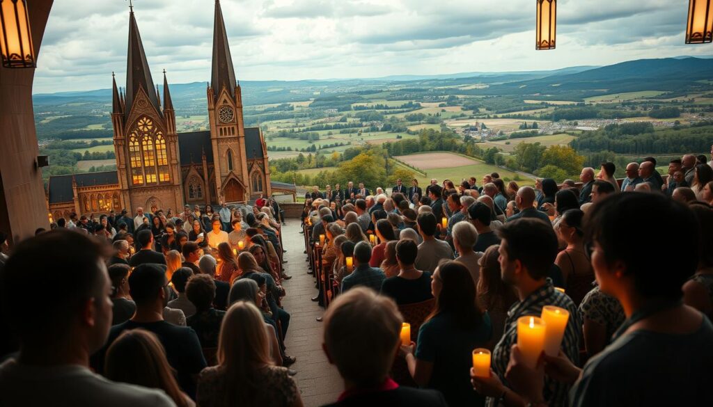Vibrant Lutheran World Federation network, a tapestry of diversity and unity. Majestic church spires reaching skyward, adorned with intricate stained glass. Congregants from all walks of life gather, their faces radiating a sense of community and shared faith. The warm glow of candlelight casts a reverent atmosphere, as a choir's harmonious voices fill the air. In the background, a sweeping landscape of rolling hills and lush greenery, symbolizing the organization's expansive global reach. Captured through a wide-angle lens, this scene conveys the Lutheran church's dedication to fostering diverse perspectives and inclusivity within its denominations.