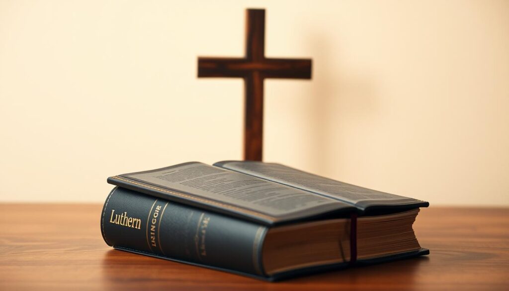 a Lutheran Bible resting on a wooden table, with a simple cross made of dark wood standing behind it, illuminated by soft, warm lighting from the side, creating a reverent and introspective atmosphere, capturing the essence of the core beliefs of the Lutheran faith, the Bible and cross symbolizing the central tenets of scripture and faith, the arrangement elegant and minimalist, the focus drawn to the sacred objects against a muted, neutral background.