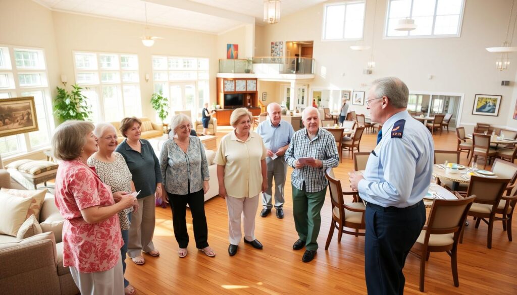 a bright and airy senior living facility, with large windows that let in natural light. A group of seniors are being guided through the spacious common areas, including a cozy lounge with plush sofas and armchairs, a well-equipped activity room, and a modern dining hall with tables set for a meal. The floors are made of warm hardwood, and the walls are adorned with colorful artwork and decorations. The tour guide, dressed in a professional uniform, is engaged in an animated discussion, gesturing towards the various amenities. The seniors, ranging in age, appear attentive and interested, some taking notes. The overall atmosphere conveys a sense of comfort, community, and exceptional care.