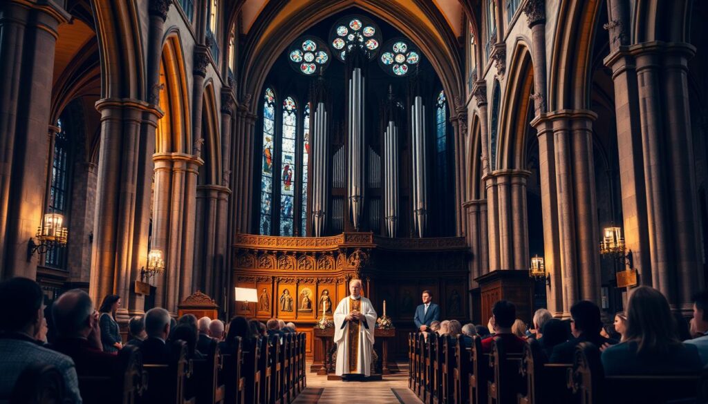 a cathedral interior with ornate stone arches, stained glass windows, and wooden pews. In the foreground, a minister dressed in ceremonial robes stands at a pulpit, delivering a sermon to a congregation of worshippers. The lighting is warm and soft, creating a reverent atmosphere. The middle ground features detailed carvings and religious iconography adorning the walls and altars. In the background, a grand pipe organ dominates the space, its pipes reaching towards the vaulted ceiling. An air of solemnity and spiritual contemplation permeates the scene.