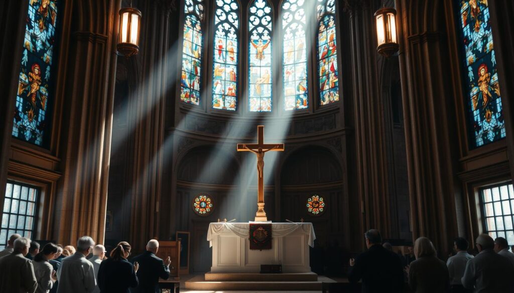 a cathedral interior with stained glass windows, natural light streaming through, casting a warm, reverent glow on a central altar. On the altar, a simple wooden cross stands, symbolic of Christ's sacrifice and the forgiveness of sins. Around the altar, several figures kneel in prayer, their faces reflecting a sense of repentance and spiritual redemption. The overall atmosphere is one of solemnity, grace, and the biblical foundation of forgiveness. The camera angle is slightly elevated, providing a majestic, awe-inspiring perspective of the sacred space.