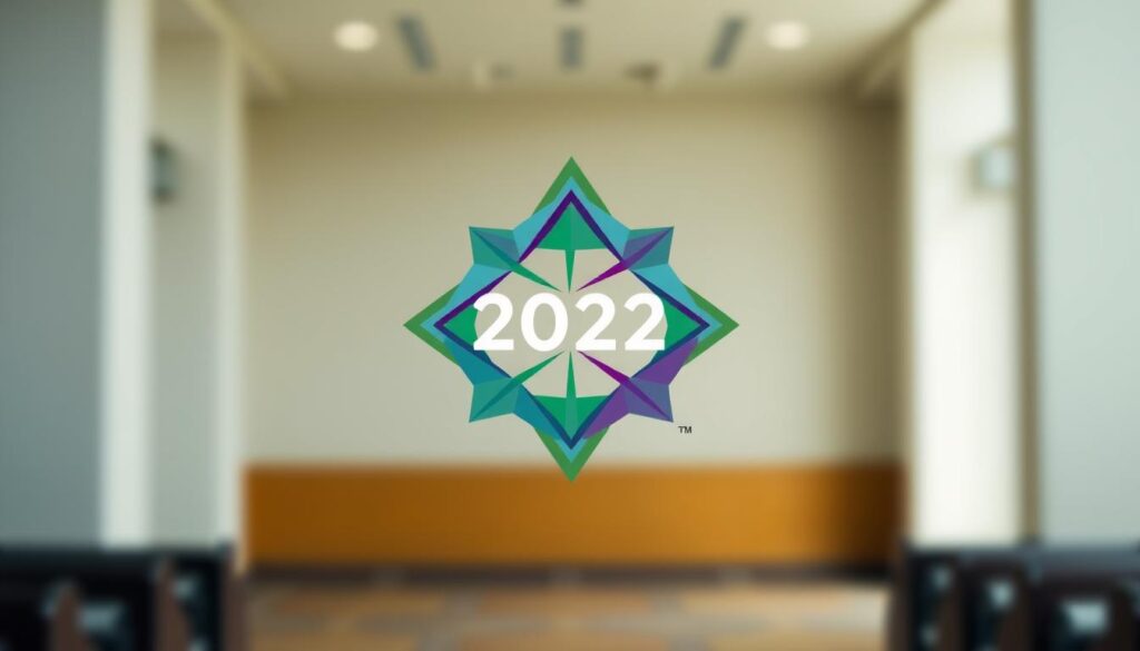 a close-up photo of the official theme logo for the 2022 ELCA Churchwide Assembly, featuring a geometric design with intersecting lines and shapes in shades of blue, green, and purple, set against a clean, minimalist background with a soft, muted lighting and a shallow depth of field to emphasize the focal point of the logo, shot with a high-quality DSLR camera lens