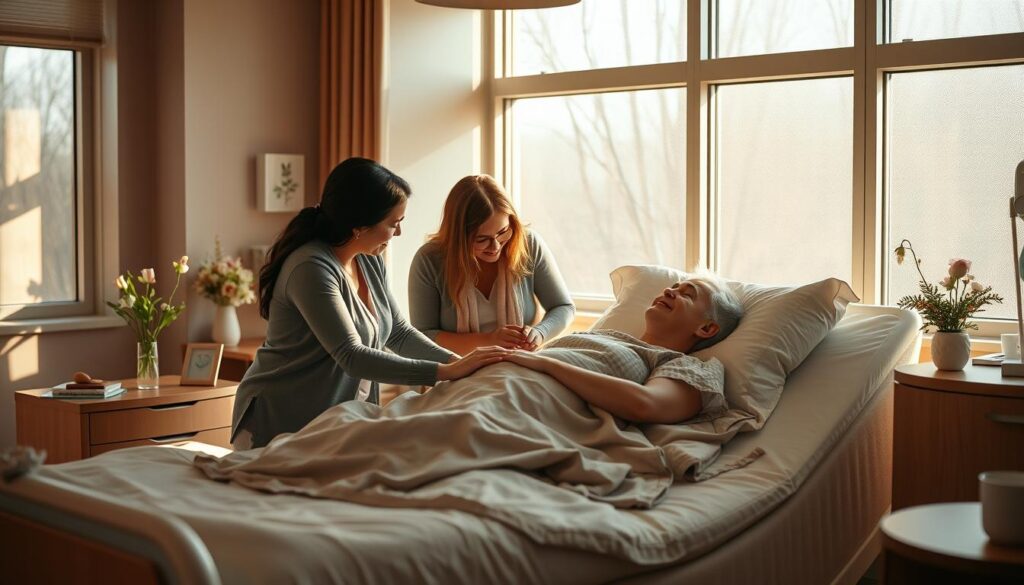 a cozy hospital room filled with warm, natural lighting streaming through large windows, showcasing a patient resting comfortably in a plush, supportive bed, surrounded by their loved ones offering care and comfort. The room is decorated with soothing earth tones, soft textures, and subtle floral accents, creating a serene and healing atmosphere. The patient's expression is one of relief and gratitude, as their family members tenderly hold their hand and provide emotional support. The scene conveys a sense of peace, recovery, and the caring community that supports the patient's journey to wellness.