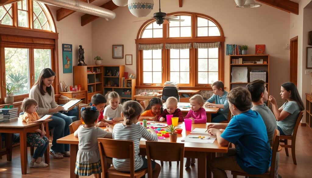 a cozy, well-lit Sunday school classroom with children and adults engaged in various activities - a group of young kids gathered around a teacher reading a storybook, a family crafting colorful art projects together at a large table, a group of teenagers discussing a Bible passage, all set against a warm, inviting atmosphere with soft natural lighting filtering through large windows, wooden furniture, and cheerful wall decor