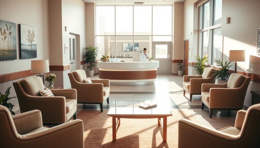 a cozy, well-lit hospital lobby with natural light streaming in through large windows. in the foreground, a welcoming family sitting area with plush armchairs and a low coffee table, creating an inviting and comfortable space. in the middle ground, a reception desk staffed by a friendly-looking nurse, ready to assist visitors. the background features soothing artwork on the walls and potted plants, contributing to the warm, calming atmosphere. the overall scene conveys a sense of support, care, and accommodation for families visiting patients.