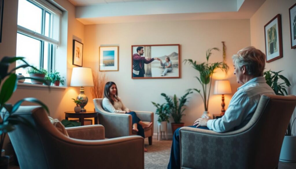a cozy, well-lit interior of a counseling office or therapy space, with comfortable chairs and warm lighting. a person sitting in one of the chairs, engaged in a thoughtful discussion with a counselor or therapist. the walls are adorned with soothing artwork and calming colors, creating an atmosphere of safety and trust. the room is filled with natural elements like plants and soft textures, conveying a sense of nurturing and support. the scene captures the essence of accessible and compassionate behavioral health services, catering to the needs of the local community.