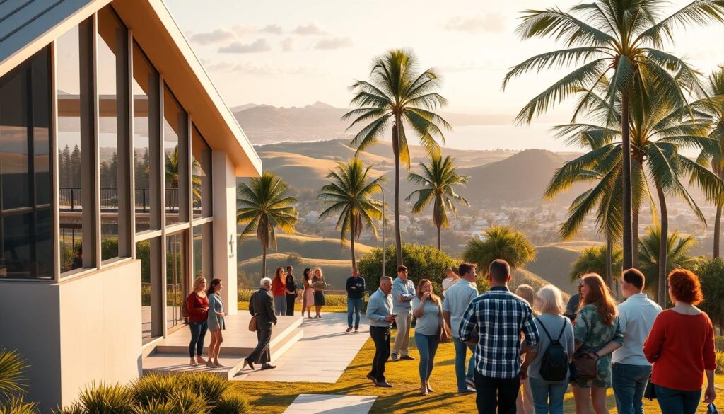 a detailed and photorealistic image of a contemporary protestant church community on the Gold Coast, Australia. The foreground shows a modern church building with a sleek, minimalist architecture, featuring large glass windows and a clean, geometric design. In the middle ground, a group of people of diverse ages and ethnicities are gathered outside the church, engaged in conversation and fellowship. The background depicts the lush, subtropical landscape of the Gold Coast, with palm trees, rolling hills, and a glimpse of the ocean in the distance. The lighting is warm and natural, creating a welcoming and inviting atmosphere. The overall scene conveys a sense of community, spirituality, and connection with the local environment.