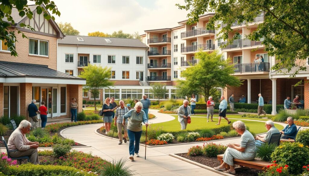 a detailed and realistic scene of various senior care options within a peaceful and welcoming retirement community setting. in the foreground, a group of seniors engaged in different activities like gardening, reading, and socializing in a well-manicured outdoor courtyard, with lush greenery and flowers surrounding them. in the middle ground, a state-of-the-art assisted living facility with modern architecture and residents being assisted by attentive staff. in the background, a multi-story independent living apartment building with balconies and residents enjoying the views. the scene is illuminated by warm, natural lighting, creating a tranquil and comfortable atmosphere. the overall composition conveys a sense of community, care, and active aging.