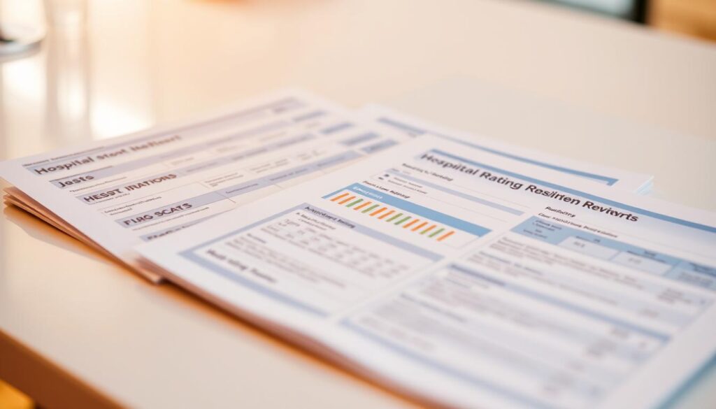 a detailed close-up view of several hospital rating reports and reviews, displayed on a clean, minimalist desktop or office surface, with a warm, soft lighting that creates a sense of professionalism and authority. The reports are neatly organized, with clear headlines, numerical ratings, and bullet point summaries highlighting key information. The layout and design convey a sense of trustworthiness and reliability, inviting the viewer to closely examine the data. The overall atmosphere is one of careful analysis and informed decision-making, reflecting the importance of researching healthcare options.