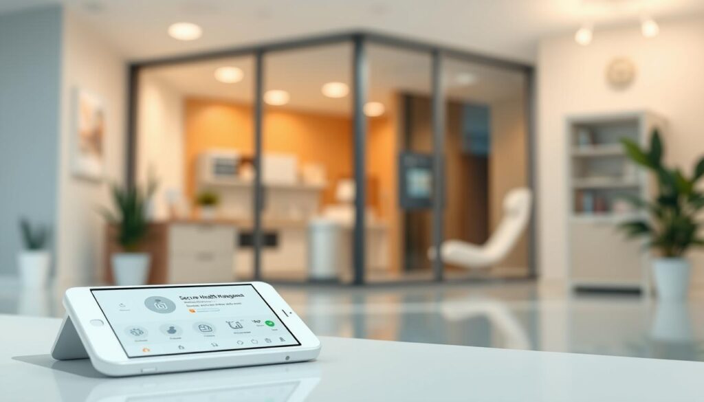 a detailed digital illustration of secure health management tools in a serene, modern, and inviting atmosphere. a sleek, minimalist interface with intuitive touchscreen controls, biometric security features, and a clean, neutral color palette of whites, grays, and light blues. in the foreground, a stylized smartphone or tablet displays health data, medication schedules, and appointment details. in the background, a blurred medical facility or clinic can be seen through a large window, conveying a sense of trust and professionalism. the scene is illuminated by soft, diffused natural lighting, creating a calming and approachable aesthetic.