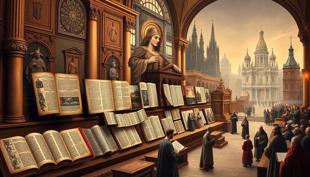 a detailed historical timeline depicting the major events and milestones in the translation and dissemination of the Bible, rendered in a classical, academic style with a warm, reverent atmosphere. the foreground features a chronological series of illuminated manuscript pages, etchings, and printed books representing key Bible translations throughout the centuries, positioned against a backdrop of ornate architectural elements like columns, arches, and stained glass windows. the middle ground showcases figures like monks, scholars, and religious leaders engaged in the process of translating, copying, and distributing the scriptures. the distant background features a sense of grand, spiritual grandeur with elements like cathedrals, monasteries, and religious iconography.