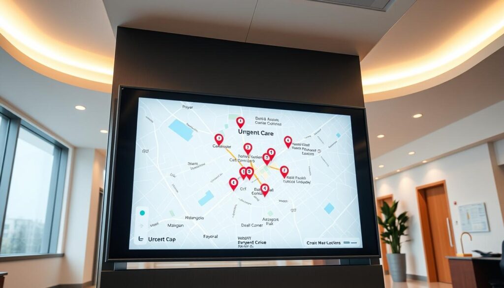 a detailed map of urgent care locations with clear directions, displayed on a large digital screen in a modern, well-lit medical facility lobby. The map is prominently featured, taking up the majority of the screen. The locations are marked with distinct icons and labels, making it easy to quickly identify each urgent care site. The background is clean and minimalist, with a soft, warm lighting that creates a calming, professional atmosphere. The overall composition is balanced and visually appealing, drawing the viewer's attention to the critical information being presented.