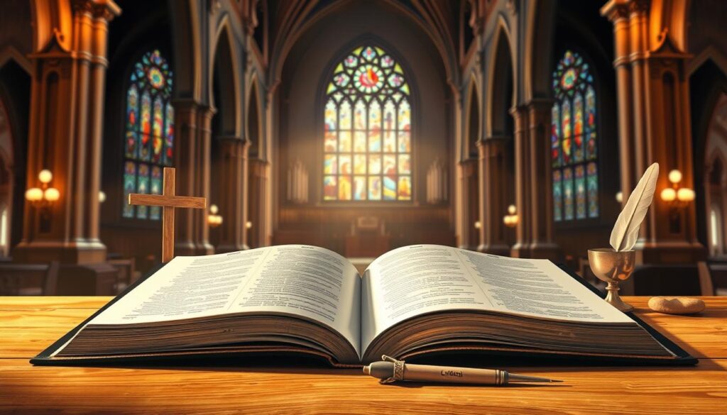 a detailed, photorealistic digital illustration of the core principles of Lutheran theology, set against a warm, subdued background. In the foreground, a large open Bible lies on a wooden table, its pages illuminated by soft, natural lighting. Surrounding the Bible are various symbolic objects representing the central tenets of Lutheranism, such as a simple wooden cross, a chalice and bread for Holy Communion, and a quill pen to signify the importance of scripture and preaching. In the middle ground, a stained-glass window casts a kaleidoscope of colored light, hinting at the rich liturgical tradition. The background features a majestic cathedral interior, with soaring arches and ornate architectural details, conveying a sense of reverence and the grandeur of Lutheran faith.