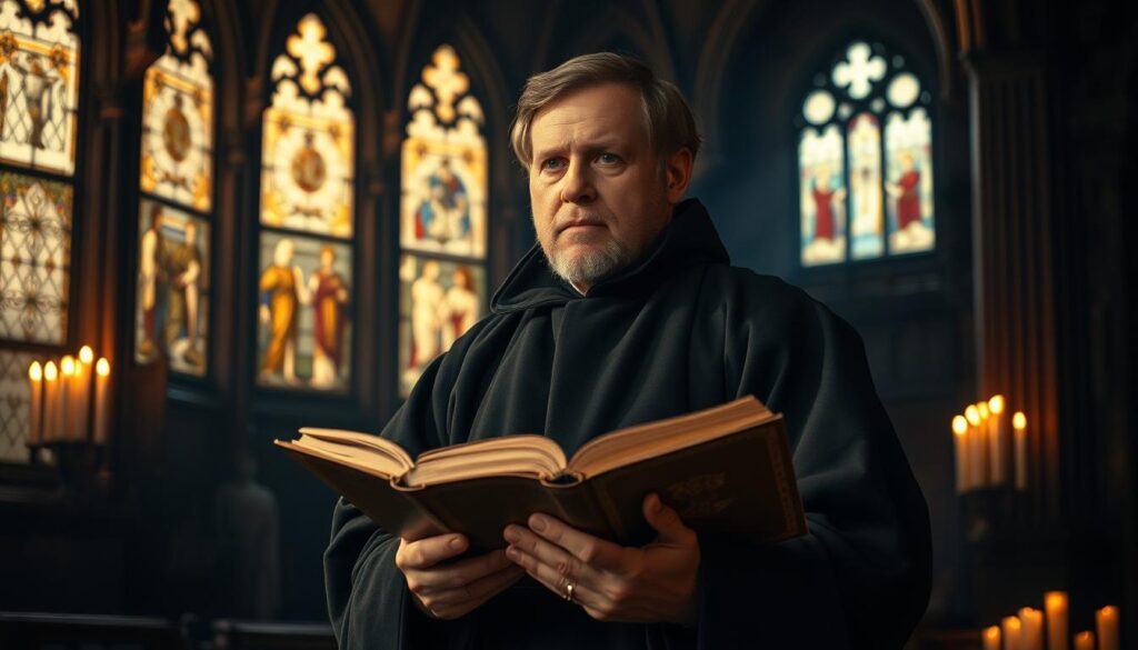 a detailed portrait of martin luther, standing in a dimly lit, ornate interior, illuminated by warm, golden light streaming through stained glass windows. he is dressed in traditional 16th century scholar's robes, holding an open book in his hands, his brow furrowed in contemplation. in the background, faint silhouettes of medieval architecture and the flickering flames of candles create a somber, reverent atmosphere, reflecting the historical significance and spiritual weight of luther's life and work. the composition emphasizes luther's thoughtful, authoritative presence, conveying the profound intellectual and theological impact he had on western christianity.