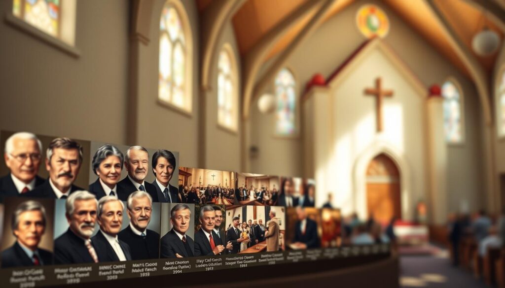 a detailed, realistic historical timeline of church leadership, depicting the progression of ministers and pastors over the years at the Protestant Church in Exeter, CA. In the foreground, a series of formal portrait-style headshots of the church's past leaders, arranged chronologically. In the middle ground, a series of scenes showcasing key moments in the church's history, such as ceremonies, events, and congregation gatherings. In the background, a softly blurred architectural rendering of the church building, with touches of light streaming through stained glass windows. The overall atmosphere is reverent, dignified, and reflects the long-standing tradition of the church and its leadership.