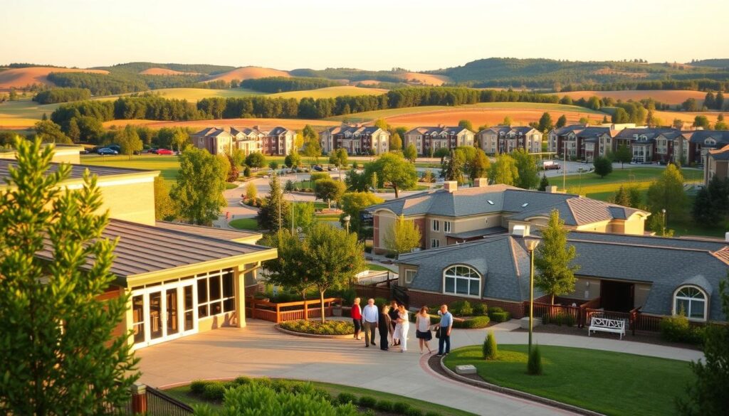 a detailed, realistic image of senior care options in Fort Wayne, Indiana. The foreground depicts a modern, well-equipped assisted living facility with a warm, inviting entrance and a group of active seniors socializing in the courtyard. The middle ground showcases a range of senior living options, including independent living apartments, memory care units, and a skilled nursing home, all set against a backdrop of lush greenery and rolling hills. The lighting is soft and natural, creating a serene, comfortable atmosphere. The camera angle is slightly elevated, providing a comprehensive view of the comprehensive senior care community. The overall mood conveys a sense of security, community, and quality of life for the residents.