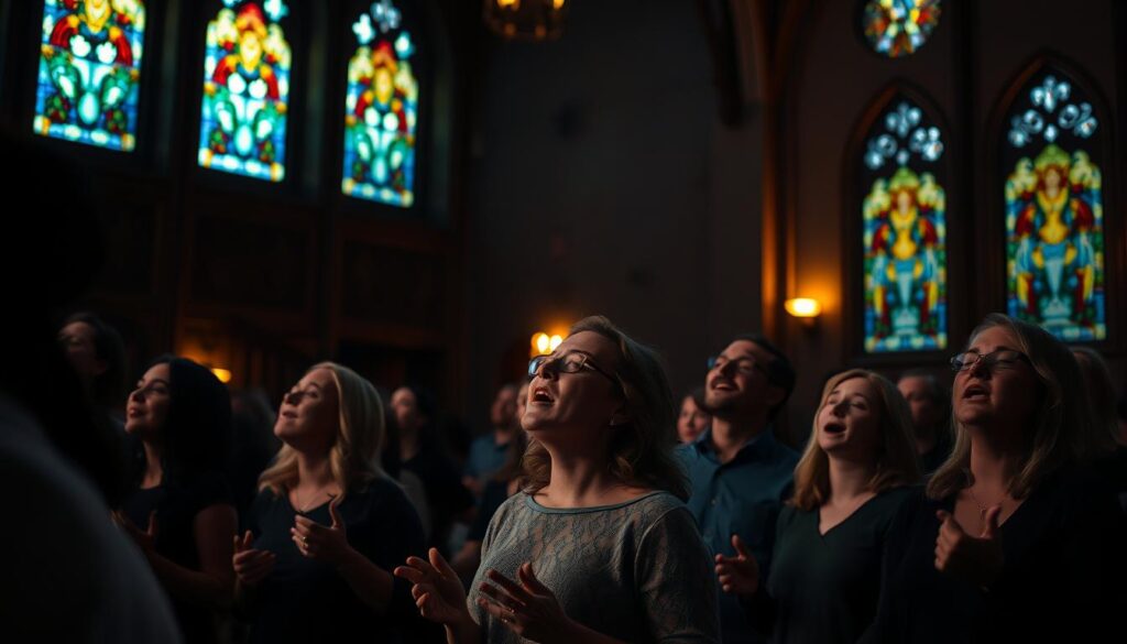 a dimly lit sanctuary with warm, soft lighting illuminating a group of people standing and singing together, their faces filled with reverence and joy, as they lift their voices in a chorus of worship, the acoustics of the space creating a rich, harmonious atmosphere, the stained glass windows casting a gentle, kaleidoscopic glow across the scene, a sense of community and belonging palpable in the air, the focus on the shared experience of music and spirituality bringing the congregation together in a profound and meaningful way