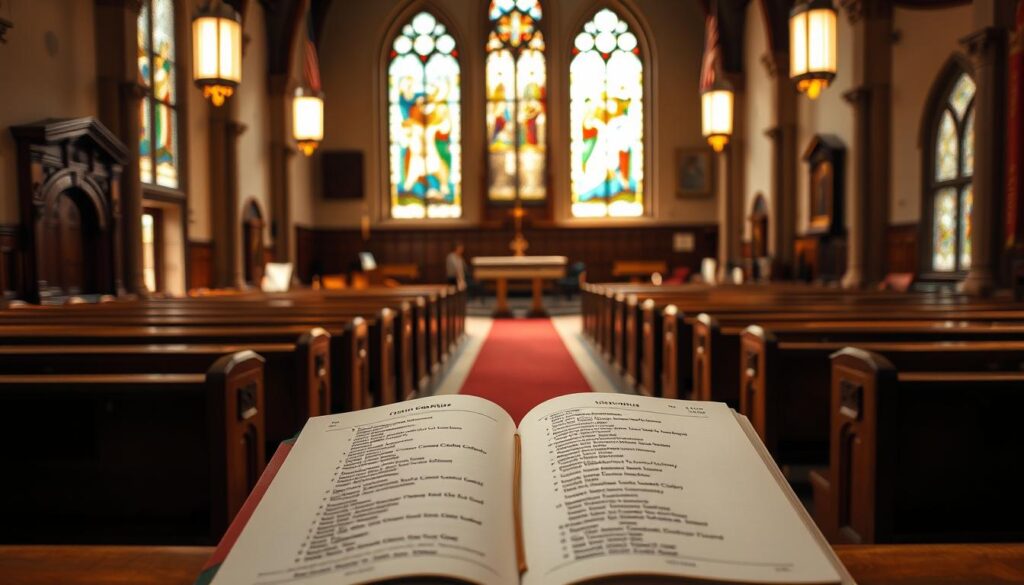 a directory of lutheran organizations in the united states, viewed from an angle as if the viewer is standing in a lutheran church sanctuary. the foreground features a large, open book with a list of lutheran churches and organizations. the middle ground shows wooden pews, a pulpit, and other church furnishings. the background depicts stained glass windows, illuminating the space with warm, natural lighting. the overall atmosphere is one of reverence, community, and a sense of rich, lutheran heritage.