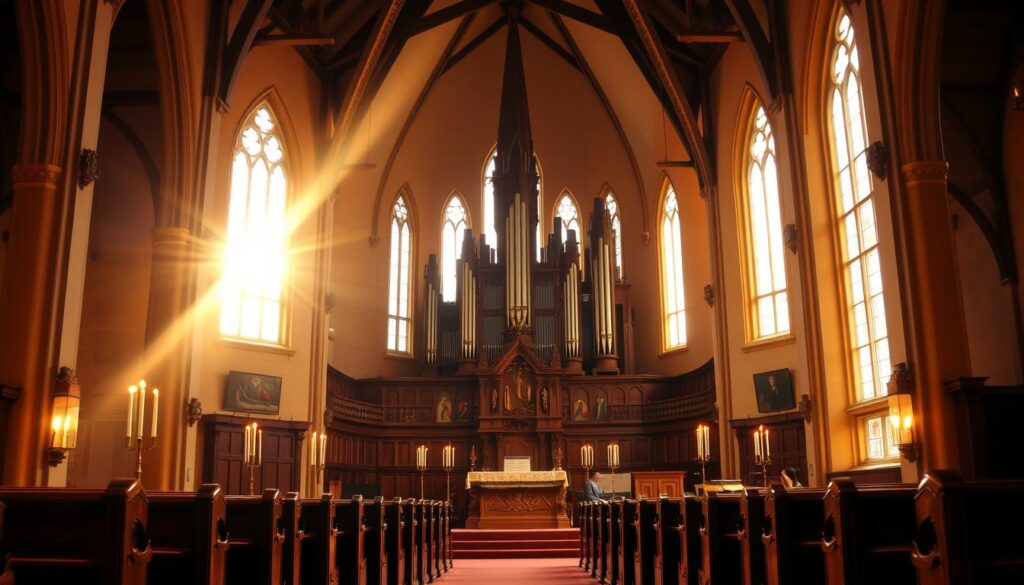 a grand Lutheran church interior with a tall steeple and pointed arched windows, bathed in warm golden light streaming through the windows, creating a reverent and serene atmosphere; in the foreground, an ornate wooden pulpit and altar adorned with intricate carvings and religious symbols, flanked by tall candles casting flickering flames; in the middle ground, rows of wooden pews arranged in a semicircle, creating a sense of community and focus towards the front; in the background, a pipe organ with ornate pipes and a detailed reredos with religious imagery, conveying the rich history and tradition of Lutheran liturgy.