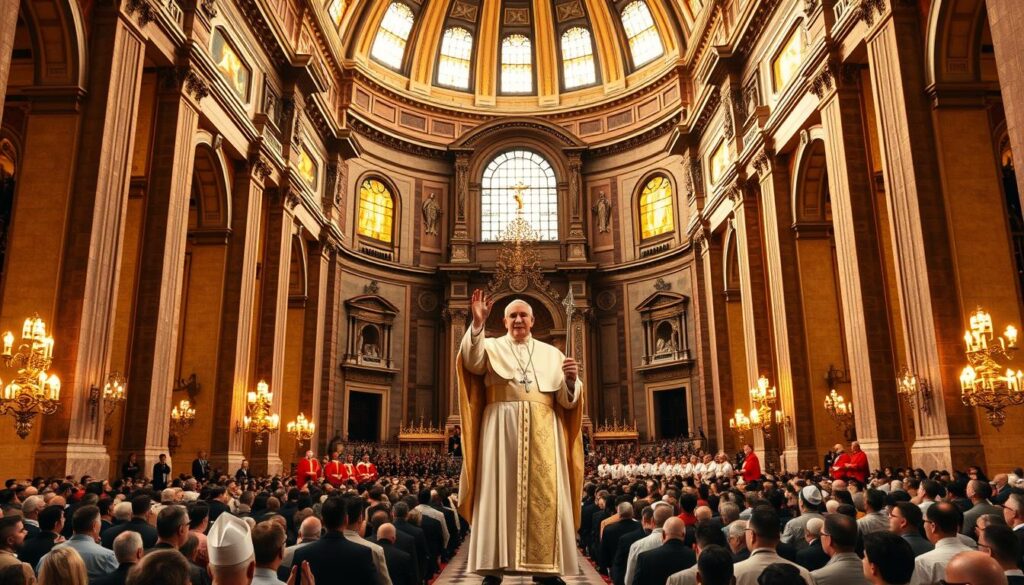 a grand and majestic catholic cathedral, with a towering dome and ornate facades, bathed in warm, golden light from large stained glass windows. at the center, the pope stands resplendent in full regalia, his face serene and authoritative, one hand raised in blessing. the pope is surrounded by a retinue of bishops and cardinals, all in their distinctive robes and hats, conveying the hierarchy and power of the papacy. in the background, crowds of worshippers kneel in reverence, reflecting the awe and respect commanded by the papal figure. the scene exudes a sense of timeless tradition, spiritual grandeur, and unwavering leadership.