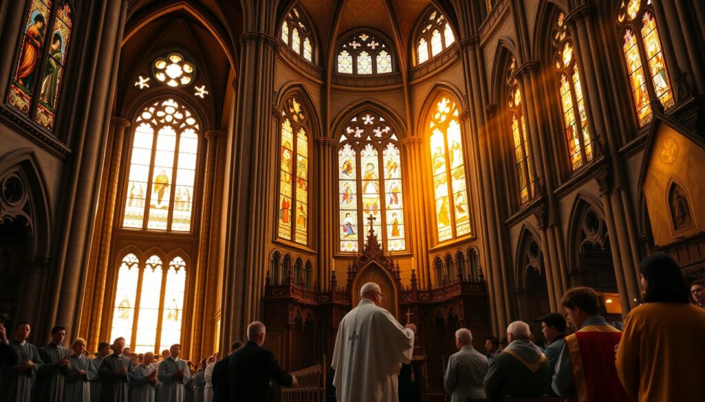 a grand catholic church in the renaissance architectural style, with tall arched windows, ornate stone carvings, and a soaring bell tower. the interior is filled with warm, golden light streaming through stained glass windows, illuminating a procession of robed figures gathered for a confirmation ceremony. in the foreground, a bishop stands before an ornate altar, laying his hands upon the head of a young person kneeling before him. the scene evokes a sense of reverence, history, and the passing of sacred traditions from one generation to the next.