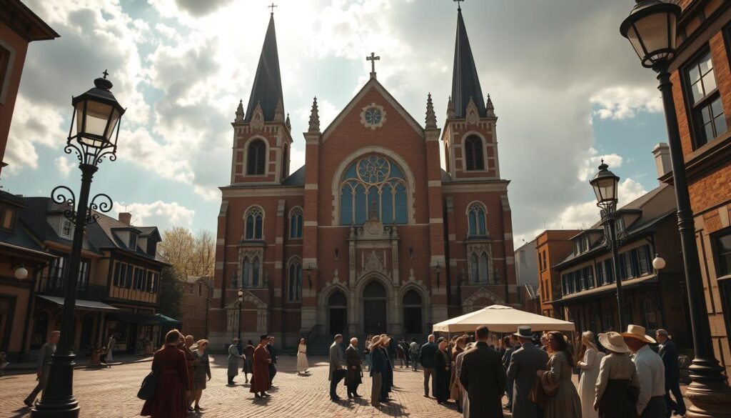 a grand colonial-era church, its spires reaching skyward, standing amidst a quaint town square with cobblestone paths and ornate lampposts. The building's facade features elegant arched windows and intricate stone carvings, conveying a sense of historical grandeur. Sunlight filters through the clouds, casting a warm, golden glow over the scene. In the foreground, a group of people in period-accurate clothing gather, engaged in lively discussion, hinting at the complex social dynamics of the era. The overall atmosphere suggests a time of transition, where the separation of church and state is emerging as a topic of discourse.