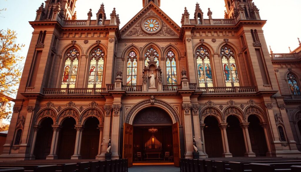 a grand congregational church structure with a tall steeple and ornate facade, bathed in warm afternoon sunlight filtering through stained glass windows. The building's intricate architecture features elegant arches, ornate columns, and detailed stone carvings. The main entrance is flanked by large wooden doors, leading into a spacious interior with rows of pews and a central altar. The scene conveys a sense of reverence and spirituality, inviting the viewer to step inside and experience the solemn beauty of this religious institution.