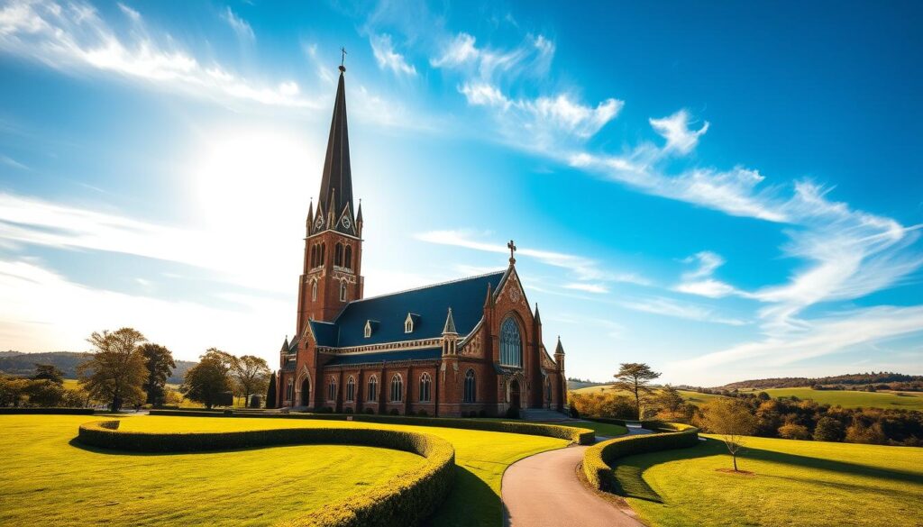 a grand evangelical lutheran church with a tall steeple and intricate gothic architecture, set against a bright blue sky with wispy clouds. The church stands prominently in the foreground, its ornate facade and stained glass windows catching the warm sunlight. The middle ground features a lush, well-manicured lawn with neatly trimmed hedges and a winding path leading to the church's entrance. In the background, rolling hills and distant trees create a peaceful, pastoral scene. The overall atmosphere is one of reverence, serenity, and a sense of community.