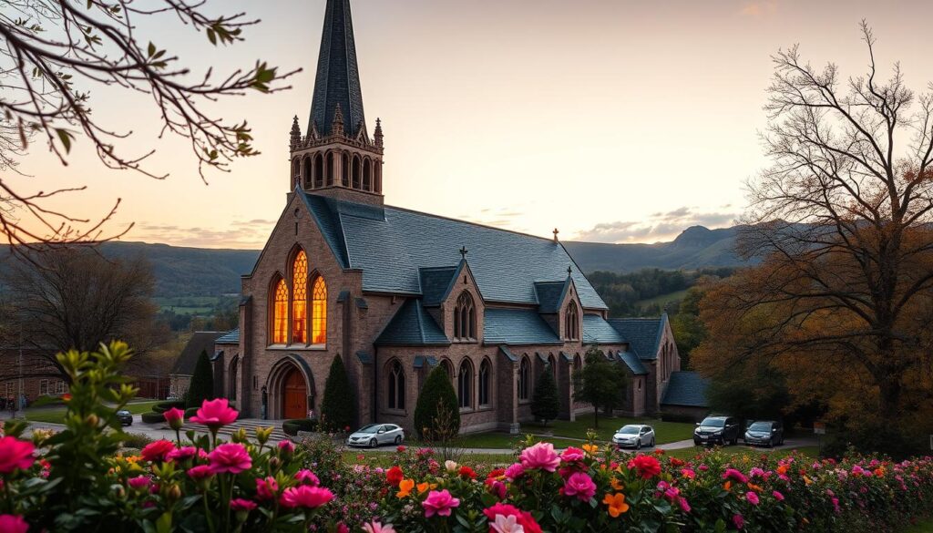 a grand historical Lutheran church with a steeple and intricate gothic architecture, bathed in warm golden light from stained glass windows, surrounded by a lush green garden with blooming flowers in the foreground, and a serene landscape of rolling hills in the background, captured with a wide-angle lens to showcase the church's impressive scale and grandeur, creating a sense of awe and reverence