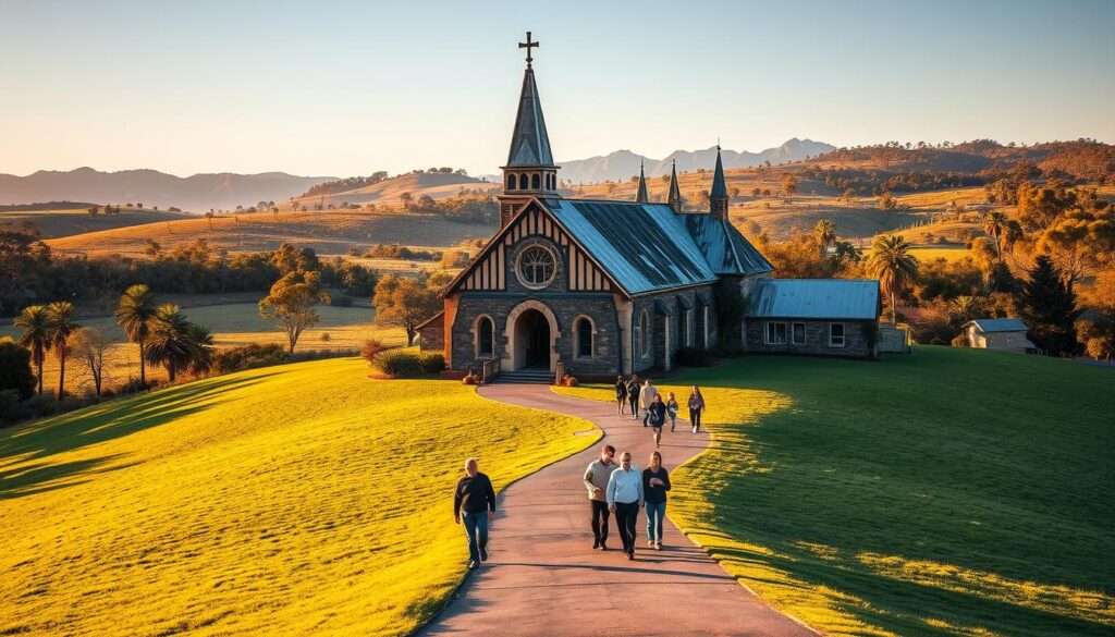 a grand lutheran church in a small australian town, situated on a grassy hill with a winding path leading up to its entrance. the church's architecture features a tall steeple with a cross on top, and its exterior is made of weathered stone and wood. the building is bathed in warm, golden light, casting long shadows across the grounds. in the foreground, there are several people walking towards the church, some carrying flowers or books. the background features a rolling landscape of eucalyptus trees and a distant mountain range. the scene conveys a sense of history, community, and reverence for the lutheran faith in australia.