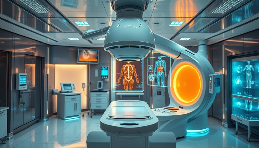 a highly advanced medical laboratory, filled with state-of-the-art diagnostic equipment and cutting-edge technology. In the foreground, a sleek, futuristic medical scanner hovers over an examination table, its intricate mechanisms and glowing panels radiating a sense of precision and innovation. In the middle ground, holographic displays project detailed anatomical visualizations, allowing doctors to analyze patient data with unparalleled clarity. The background is a blend of gleaming metal surfaces, clean-room sterility, and subtle, ambient lighting that creates a serene, futuristic atmosphere. The overall scene conveys a sense of medical excellence, where the latest advancements in healthcare technology come together to provide the highest level of patient care.