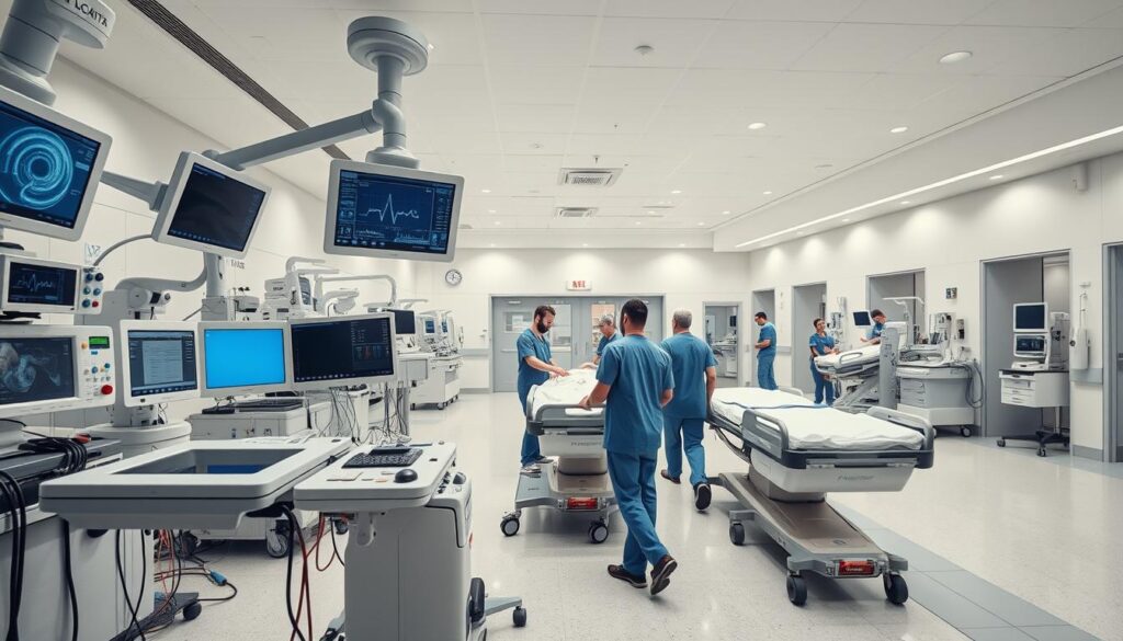 a highly detailed and photorealistic image of the interior of a modern emergency department, viewed from a slightly elevated angle to showcase the advanced medical technology and equipment. the foreground features an array of diagnostic machines, monitors, and medical devices, all gleaming with a sense of precision and functionality. the middle ground shows medical staff in scrubs and lab coats moving with a sense of urgency, attending to patients on gurneys. the background reveals a spacious and well-lit room with high ceilings, clean white walls, and recessed lighting that creates a calming, professional atmosphere. the overall scene conveys a sense of cutting-edge medical care, advanced technology, and a dedicated team of healthcare providers working to deliver the highest level of emergency treatment.