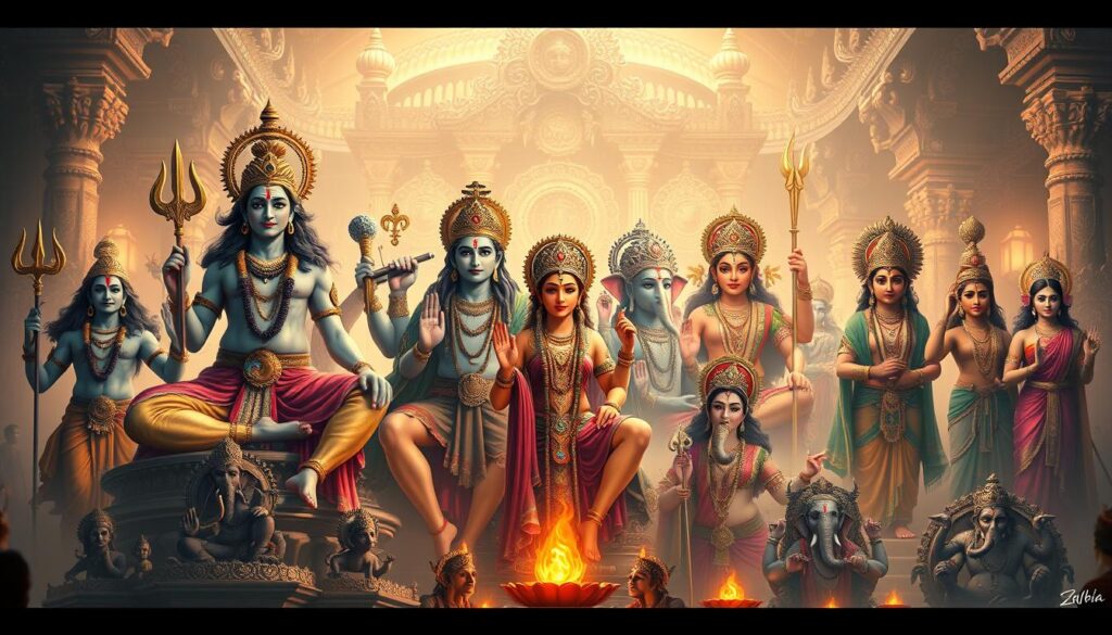 a highly detailed, photorealistic digital illustration of a diverse array of hindu deities and their symbolic significance, arranged in a harmonious and visually striking composition. the foreground features prominently the key deities like Shiva, Vishnu, Brahma, Ganesha, and Lakshmi, each depicted with their iconic attributes and poses, conveying a sense of power, wisdom, and divine grace. the middle ground showcases other important deities like Krishna, Hanuman, Durga, and Saraswati, each radiating their unique energies. the background depicts a grand, ornate temple setting, with intricate architectural details, glowing light, and a sense of reverence and spiritual wonder. the overall scene is bathed in warm, otherworldly lighting that enhances the mystical, awe-inspiring atmosphere. the image should captivate the viewer and convey the profound significance of these deities in hindu philosophy and culture.