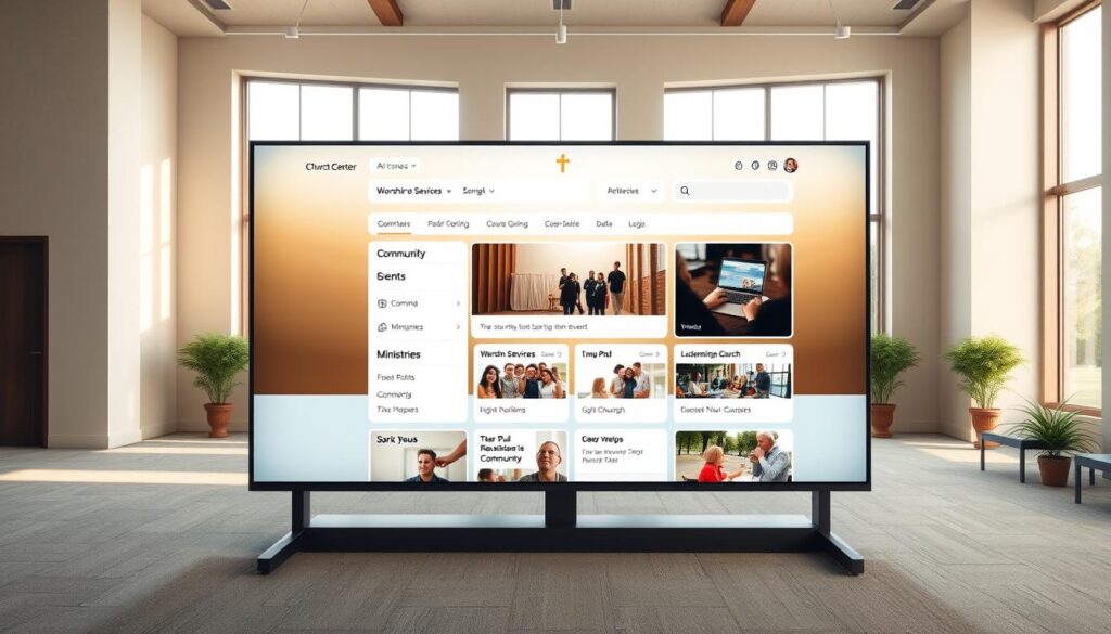 a highly detailed, photorealistic rendering of a church center app interface, featuring a clean and modern design with a warm, welcoming atmosphere. The interface is displayed on a large, high-resolution display in a well-lit, spacious room with natural lighting filtering in through large windows. The app's layout is intuitive and easy to navigate, with clearly labeled sections for community events, worship services, ministries, and digital engagement opportunities. The overall color palette is soothing, with earthy tones and subtle pops of color that evoke a sense of spiritual serenity. The interface showcases vibrant imagery, such as photographs of the church community and its activities, seamlessly integrated into the design. The level of detail and realism in this image will effectively illustrate the "Digital Engagement & Connection Opportunities" section of the article about the Saint Paul Lutheran Church's welcoming community.