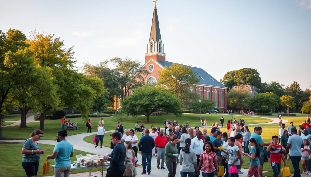 a large church building with a steeple, surrounded by a peaceful community park with lush greenery, mature trees, and well-maintained pathways. In the foreground, a diverse group of people of all ages are engaged in various outreach activities - some serving meals, others volunteering at a donation drive, and children participating in an educational workshop. The scene is illuminated by warm, natural lighting, creating a welcoming and inclusive atmosphere. The overall composition conveys a sense of community, fellowship, and a commitment to serving the local and global community.
