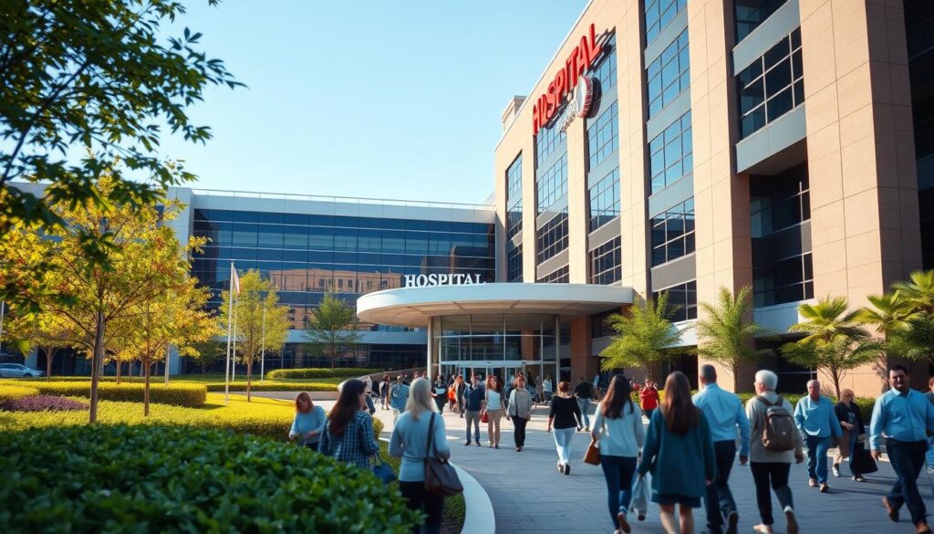 a large modern hospital building with a prominent entrance, surrounded by lush green landscaping and a clear blue sky. The façade features a mix of glass, steel, and stone, creating a sleek and contemporary appearance. In the foreground, people of diverse ages and backgrounds are seen entering and exiting the hospital, conveying a sense of a thriving, inclusive healthcare facility. The lighting is soft and natural, highlighting the building's architectural details and the welcoming atmosphere. The scene conveys a sense of professionalism, efficiency, and a commitment to providing comprehensive healthcare services to the community.