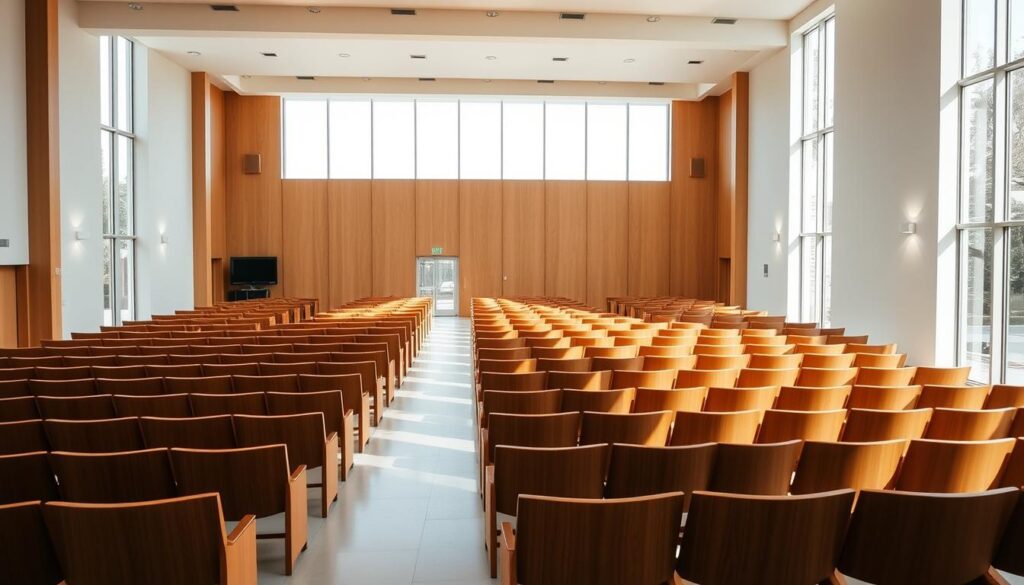 a large, open-plan modern worship space with contemporary seating arrangements, featuring rows of sleek, minimalist wooden pews or chairs arranged in a semi-circular layout, with ample aisle space and a clean, uncluttered aesthetic. The room is flooded with natural light streaming in through large, floor-to-ceiling windows, creating a bright, airy, and inviting atmosphere. The space is accentuated by subtle, recessed lighting fixtures that cast a warm, ambient glow, and the overall mood is one of tranquility and reverence, conducive to spiritual contemplation and group worship.