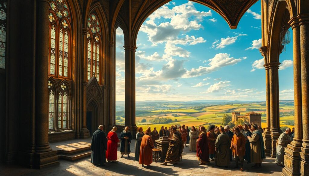 a masterful oil painting of the historical foundations of protestant christianity, depicting a grand gothic cathedral in the foreground with intricate stone carvings and stained glass windows, sunlight streaming through the windows and casting a warm, reverent glow over the interior; in the middle ground, a gathering of people in 16th century attire engaged in lively theological discourse, representing the intellectual and spiritual awakening of the reformation; in the background, a lush, rolling countryside with distant hills and a serene, azure sky, suggesting the broader cultural and geographical context of the protestant movement's origins