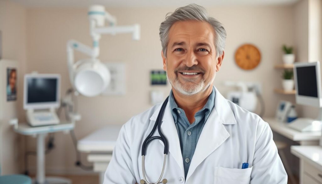 a middle-aged doctor in a white coat and stethoscope, standing confidently in a well-equipped medical office with state-of-the-art equipment and soothing decor. The doctor's expression conveys warmth, compassion, and expertise, creating a sense of trust and reassurance. The lighting is soft and natural, highlighting the doctor's attentive gaze and the calming atmosphere of the space. The composition places the doctor in the foreground, with the medical equipment and decor in the background, emphasizing the doctor's role as a trusted health provider.