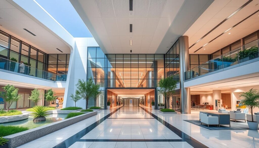 a modern, state-of-the-art hospital facility with clean, minimalist architecture and abundant natural lighting. the exterior features a sleek, glass-and-steel facade with sharp angles and curves. the entrance is flanked by elegant, open-air atriums with lush greenery and serene water features. the lobby has a spacious, open-concept design with high ceilings, polished stone floors, and modern furnishings. the corridors are well-lit and navigable, leading to various wings and specialized departments. the overall aesthetic conveys a sense of comfort, efficiency, and advanced medical technology.