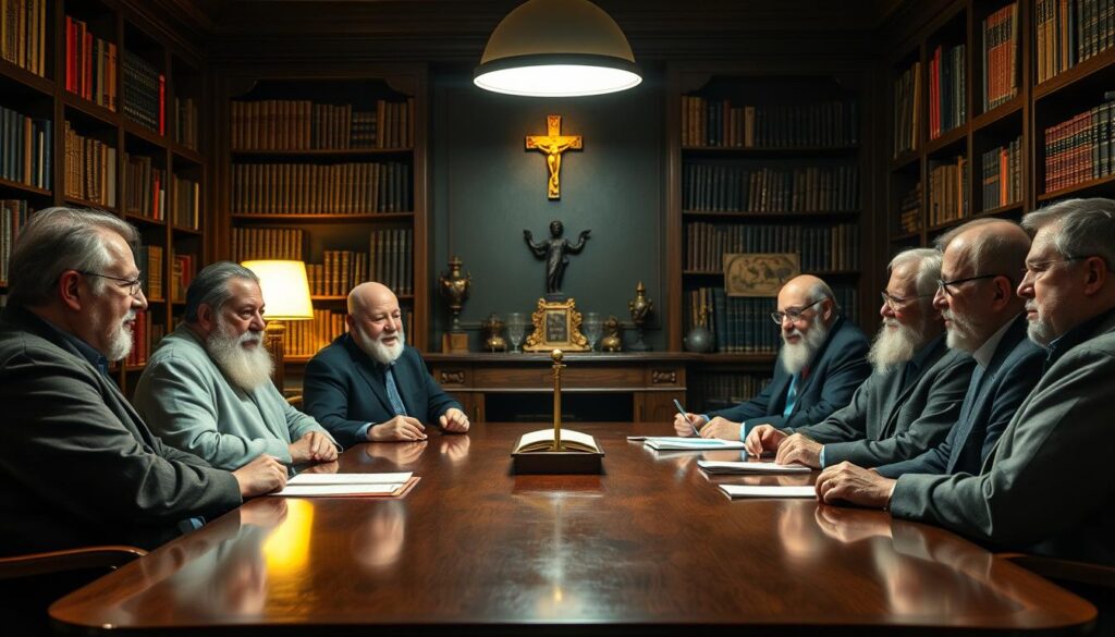 a panel of theologians and scholars engaged in a lively discussion on modern Lutheran theology, set in a dimly lit but warmly-lit study or library, with shelves of books and religious artifacts in the background, the theologians seated around a polished wooden table, their faces lit from above by a soft, diffused light, creating a contemplative and intellectual atmosphere