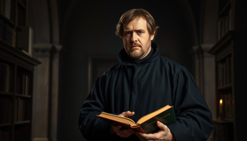 a portrait of martin luther, the 16th century german theologian and father of the protestant reformation, standing in a dimly lit interior with dramatic chiaroscuro lighting, wearing a dark robe and a pensive expression, with an open book in his hands, bookshelf and architectural details in the background, conveying a sense of intellectual contemplation and the weight of his historical significance