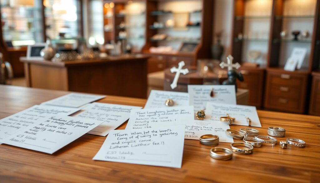 a professional photography of a customer review and quality assurance display for a Lutheran jewelry store. The foreground features an array of neatly arranged handwritten customer testimonials and product rating cards displayed on a wooden surface with a natural, warm lighting. The middle ground showcases several high-quality, finely crafted Lutheran-themed jewelry pieces, such as crosses, pendants, and rings, arranged elegantly. The background depicts a soft, blurred image of the store's interior, with shelves showcasing more jewelry products and a sense of welcoming ambiance. The overall scene conveys a feeling of reliability, attention to detail, and a commitment to customer satisfaction.