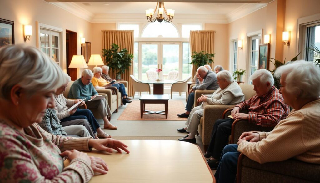 a serene and calming scene of a senior care facility, with a warm and welcoming atmosphere. the foreground features a group of elderly residents engaged in various activities, such as reading, playing board games, or simply enjoying each other's company. the middle ground showcases the facility's well-appointed common areas, with comfortable seating, cozy lighting, and tasteful decor that reflects a sense of home. the background depicts a scenic view outside, perhaps a peaceful garden or a tranquil landscape, suggesting a connection to the natural world. the overall mood is one of contentment, dignity, and a strong sense of community, conveying the core values of senior care, such as respect, social engagement, and a commitment to the well-being of the residents.