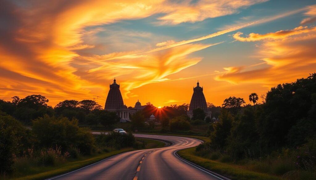 a serene road trip through the picturesque landscapes of New Jersey, featuring the majestic silhouettes of Hindu temples against a golden sunset sky. In the foreground, a winding country road leads the viewer through lush, rolling hills dotted with vibrant foliage. In the middle ground, a series of ornate, intricately carved Hindu temples stand tall, their spires reaching towards the heavens. The temples are bathed in a warm, golden light, casting long shadows across the peaceful scene. In the background, a stunning sunset paints the sky in a breathtaking array of oranges, pinks, and purples, creating a serene and spiritual atmosphere. The image conveys a sense of tranquility, contemplation, and the harmony between nature and devotion.