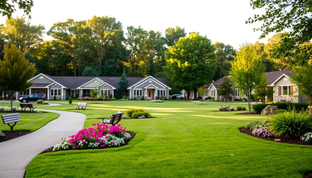 a serene senior living neighborhood with well-manicured lawns, lush greenery, and neatly arranged homes. The foreground features a picturesque walking path flanked by blooming flowerbeds and benches, inviting residents to stroll and enjoy the peaceful surroundings. In the middle ground, a collection of single-story, cottage-style homes with charming architectural details, such as gabled roofs and front porches, create a warm and inviting atmosphere. The background is framed by a backdrop of towering trees, casting soft, dappled light across the scene. The overall mood is one of tranquility, comfort, and a sense of community, perfectly capturing the benefits of retirement living in this idyllic neighborhood.